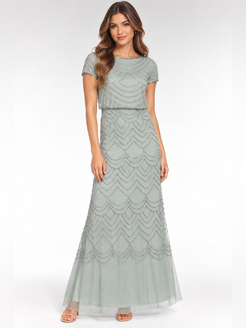 Adrianna Papell SZ 2 Sage Green Beaded Art Deco Formal Gown NWT GALA MOB Modest